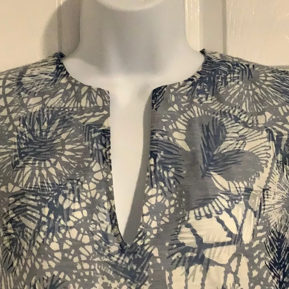 TORY BURCH Blue/Cream Linen Blend Casual Coastal Grandma  Resortwear Fall Top 2